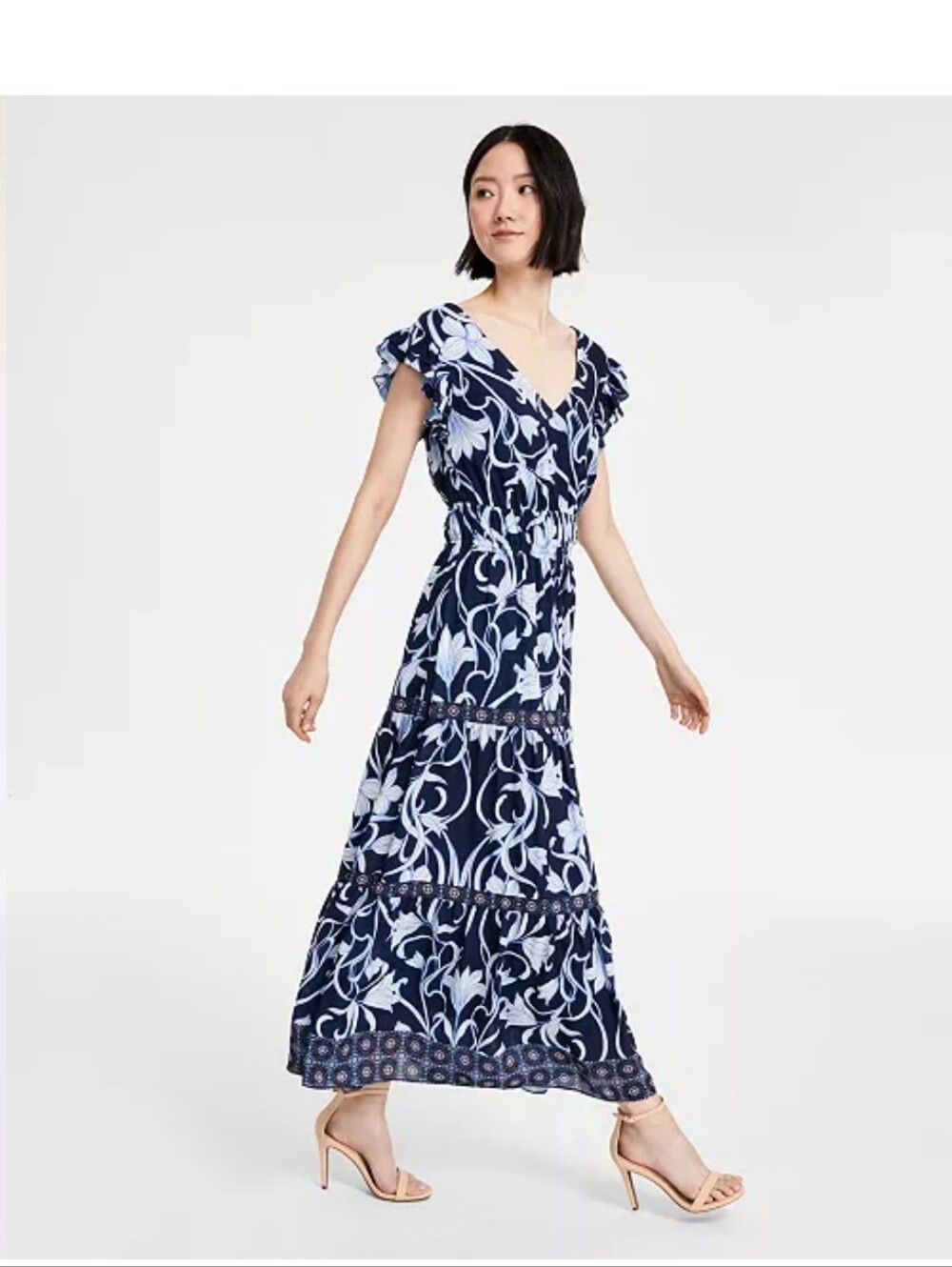 Anne Klein 1X Navy Blue Floral Maxi Dress Tiered Ruffle Sleeve NWT $159